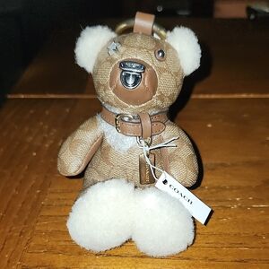 Coach Bear Bag Charm Key Ring 77676 Signature Canvas Leather Shearling